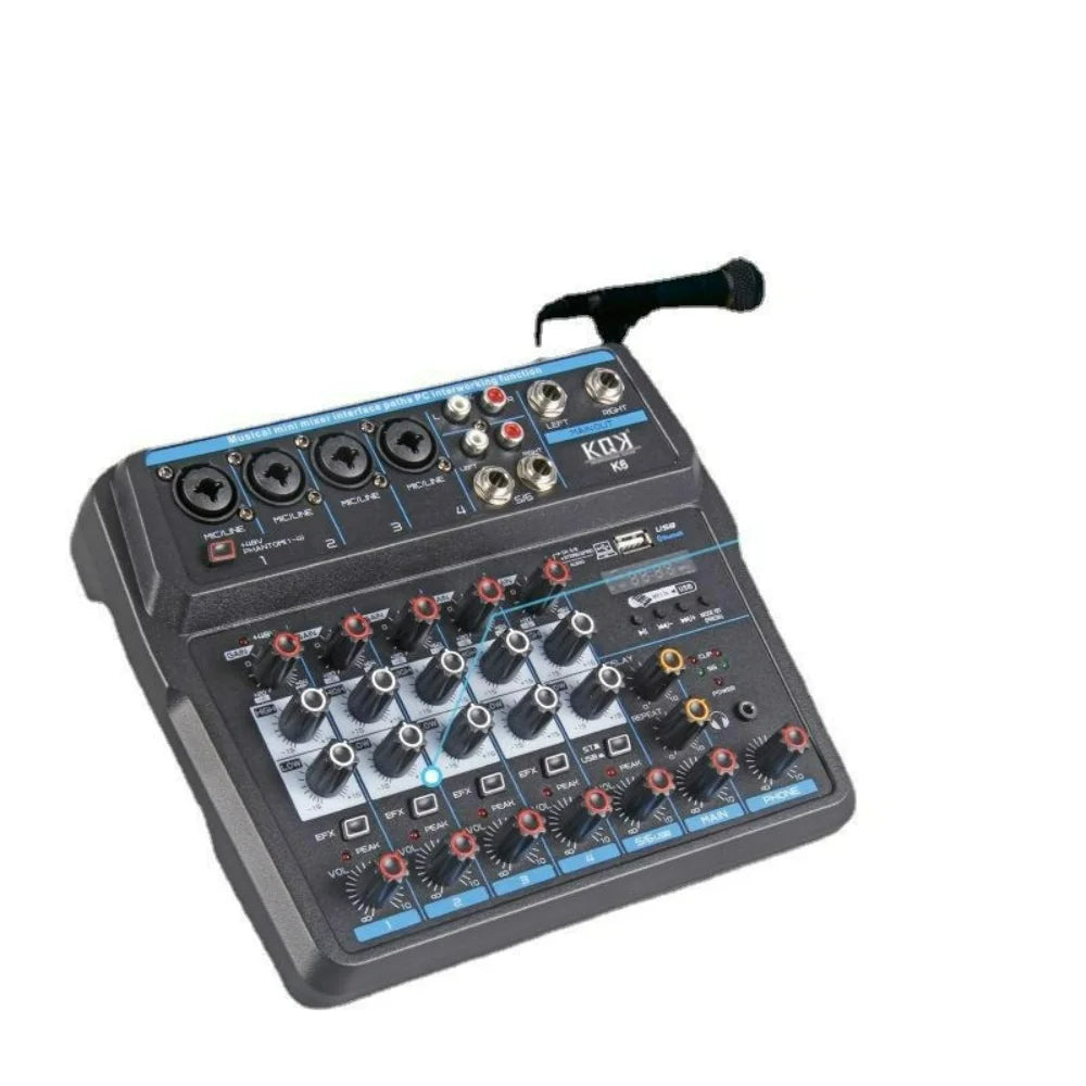 USB 6 Channel Audio Mixer Audio DJ Mixer Digital Sound Board Console with Sound Card Bluetooth 48V Phantom Power DJ Equipment