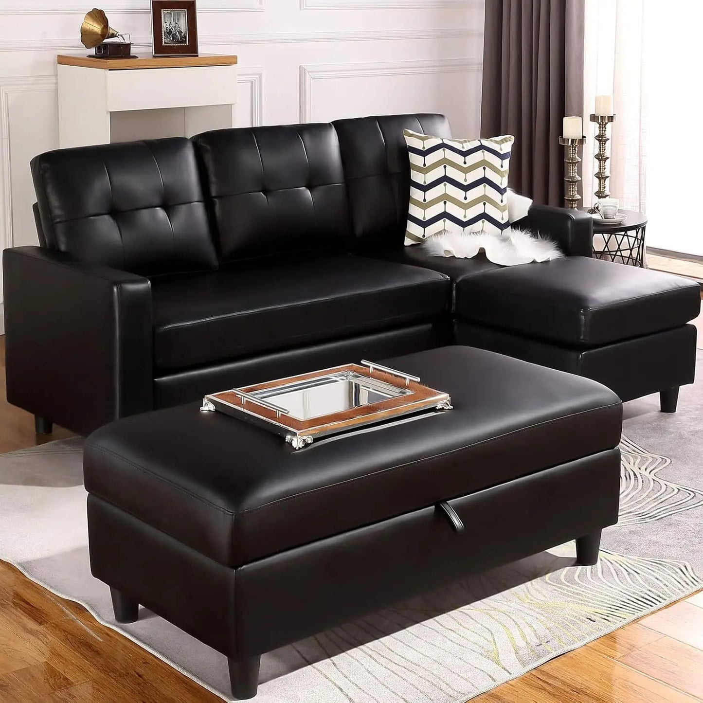 45 inch Faux Leather Storage Bench Ottoman Rectangular Leather Bench with Storage Black Ottoman with Hydraulic Rod