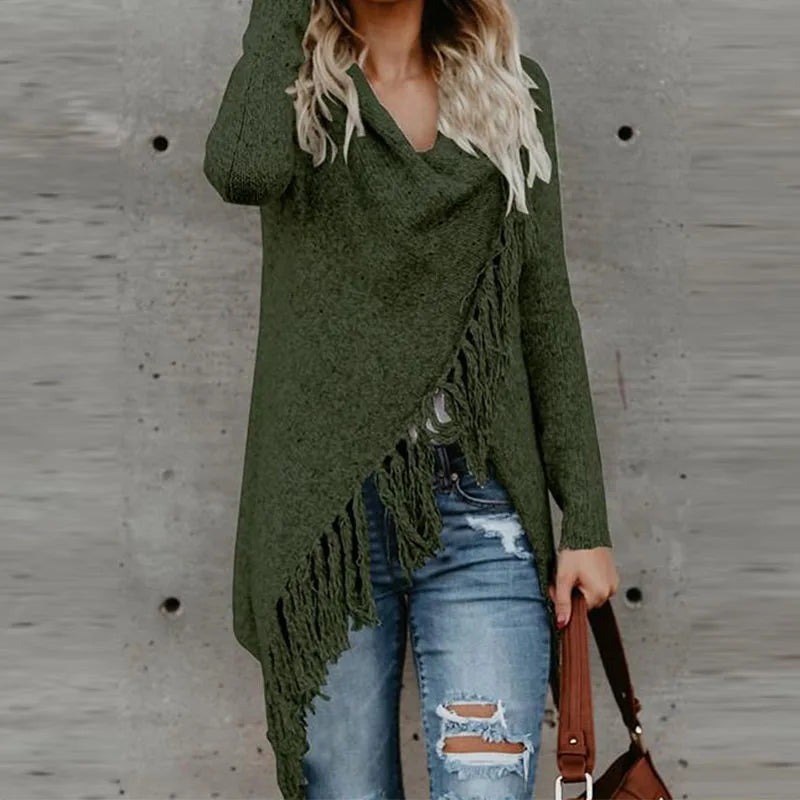 Women Knitted Warm Sweater Winter Cardigans Long Sleeve Tassel Fringe Shawl Poncho Oversized Cardigan