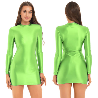 Womens Oily Shiny Glossy Elastic Tights Dress Club Wear Solid Color Stretchy Mock Neck Glossy Long Sleeve Mini Bodycon Dress