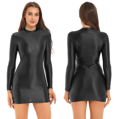 Womens Oily Shiny Glossy Elastic Tights Dress Club Wear Solid Color Stretchy Mock Neck Glossy Long Sleeve Mini Bodycon Dress