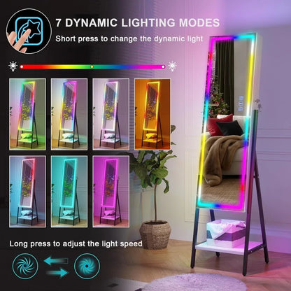 RGB LED Mirror Jewelry Cabinet,Standing Jewelry Armoire Organizer Full Length Mirror with Storage, Lockable Jewelry Mirror