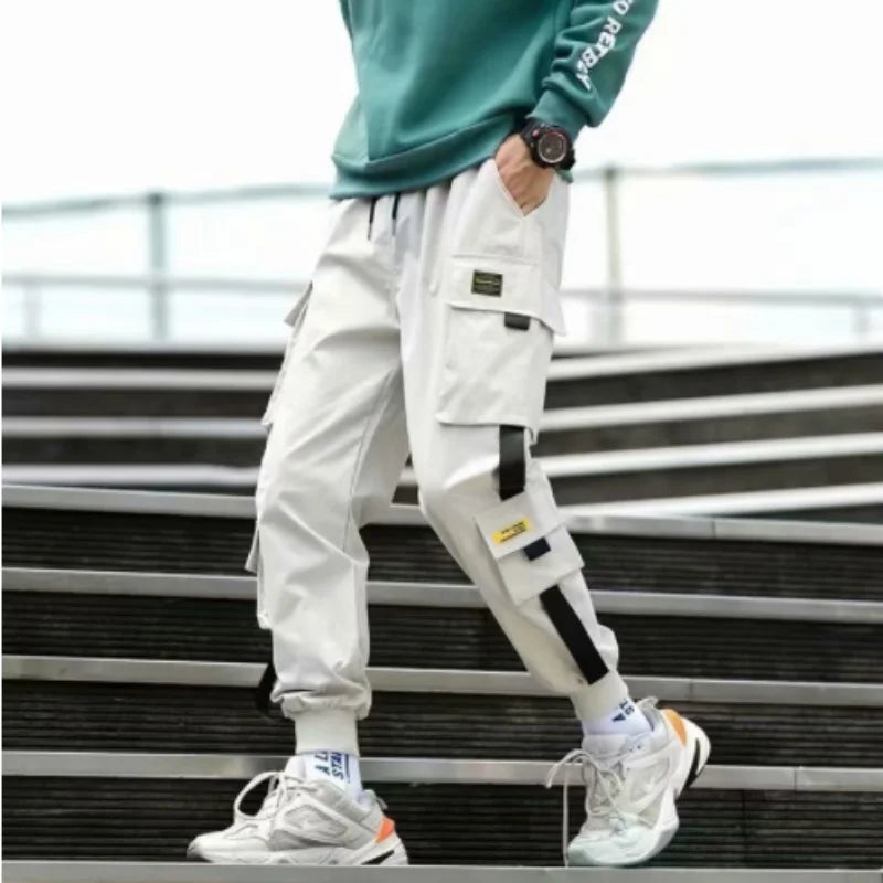 2024 Spring Autumn New Men's Korean Fashion Multi-pocket Loose Ins Nine-minute Drawstring Leg Work Pants Casual Daily Sweatpants