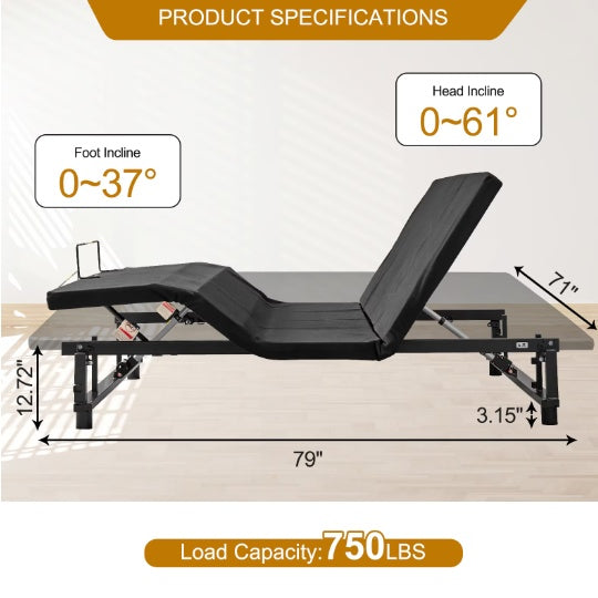 Adjustable Bed Base Frame Head And Foot Incline Quiet Motor King Size Zero Gravity, 4 Ports USB, Under-Bed Nightlight