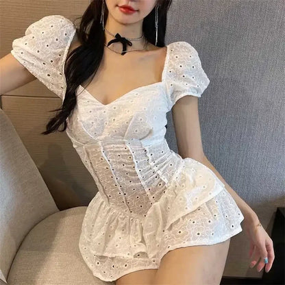 Retro Puff Sleeve White Corset Dress 2023 Summer Autumn New Fashion French Style Short Dresses Women's Clothing Party Club Wear