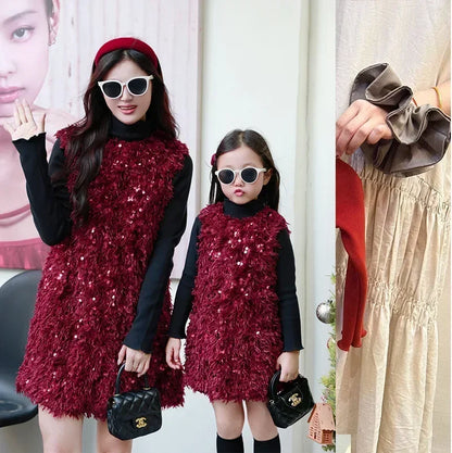 2025 Mother Daughter Warm SleevelessFashion Mommy and Me One Piece Clothes Dress Shiny Winter Mom Baby Girl Thick Dresses