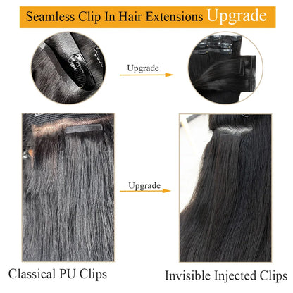 Invisible PU Clip In Hair Extensions Human Hair Injected PU Tape Weft Hair Extensions Brown Blonde Black Clip On Hair 7Pcs/set