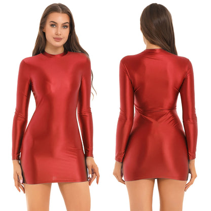 Womens Oily Shiny Glossy Elastic Tights Dress Club Wear Solid Color Stretchy Mock Neck Glossy Long Sleeve Mini Bodycon Dress