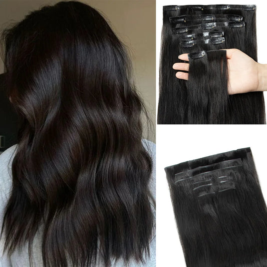 Invisible PU Clip In Hair Extensions Human Hair Injected PU Tape Weft Hair Extensions Brown Blonde Black Clip On Hair 7Pcs/set